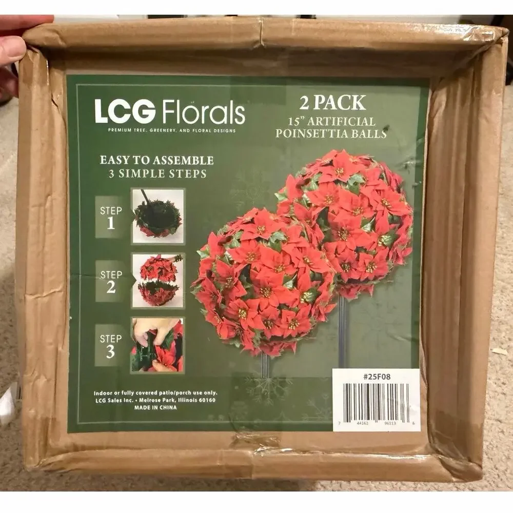 LCG Florals 2 Pack 15” Artificial Poinsettia Balls Christmas Decor Sealed NIB